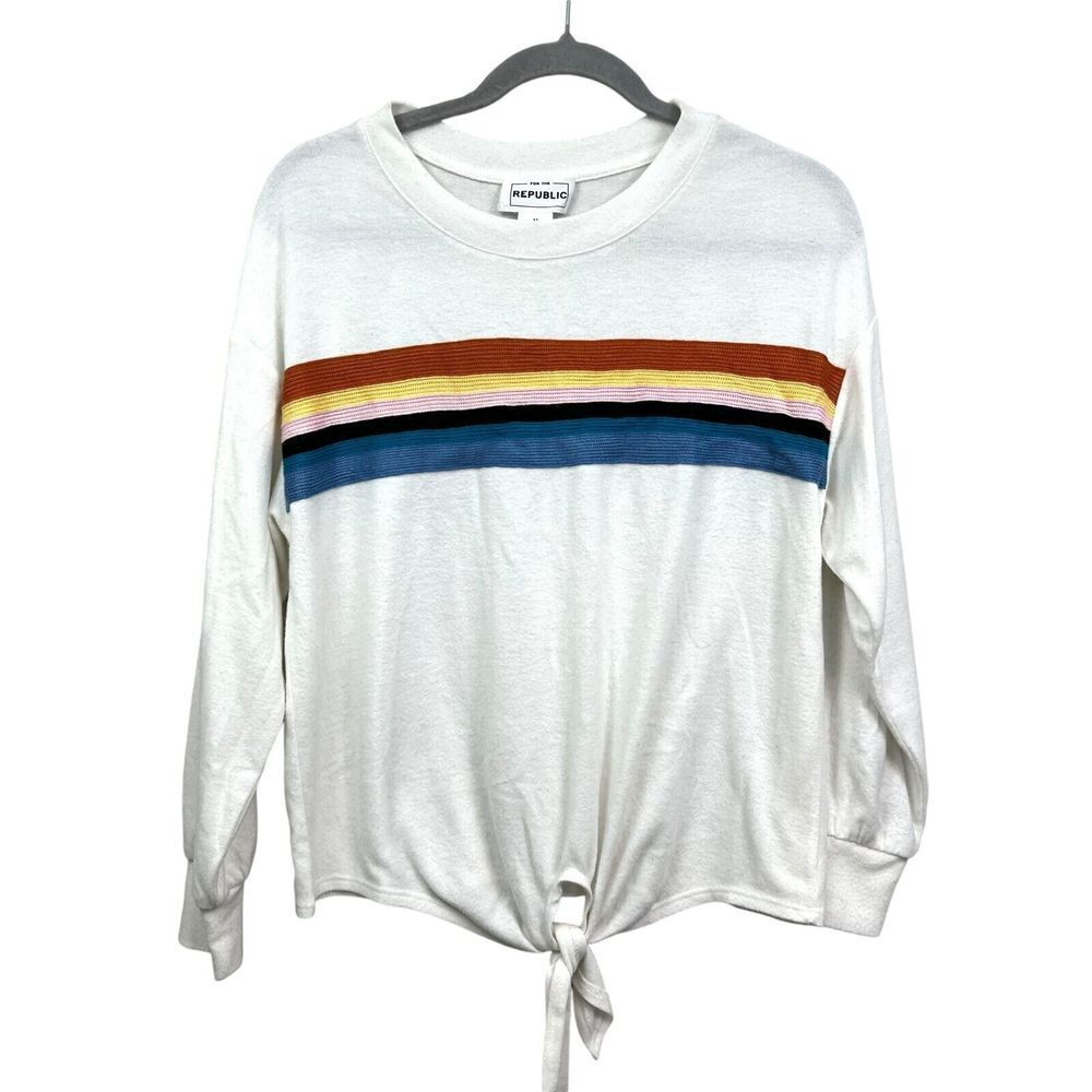 For the Republic Womens Sweater Stripe Knit Rainbow Tie Waist Cream Size M*